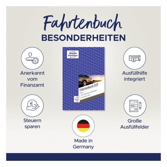 AVERY Zweckform 223 Fahrtenbuch (für PKW, vom Finanzamt anerkannt, A5, 80  Seiten858 Fahrten, für Deutschland & Österreich zur Abgrenzung  privater/geschäftlicher Fahrten) : : Bürobedarf & Schreibwaren